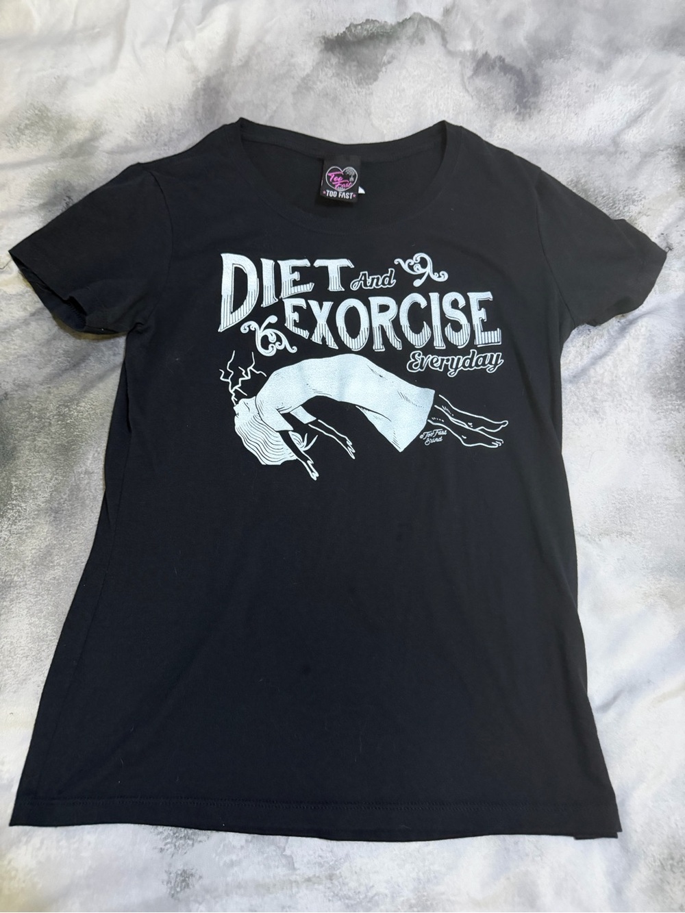Too Fast Black Graphic Tee with Pink Heart Label